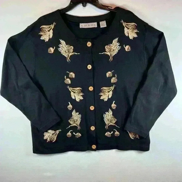 Chaus Woman size XL Autumn Acorn Foliage embroidered button down cardigan black - Picture 1 of 7